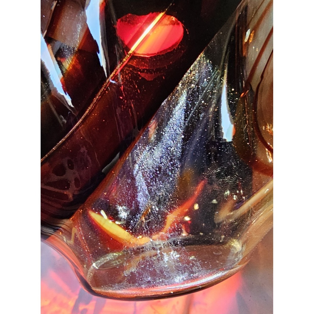 Tony Serveinte Glass Blown Folded Handkerchief Swirl Vase Signed Brown/Clear - Picture 12 of 15